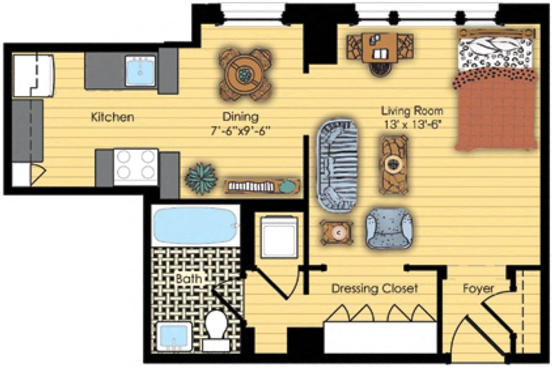 Floor plan for studio, 1 bath, 476 sqft